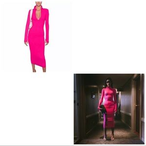 Hot Pink Long-Sleeve Midi Dress with Deep V-Neck